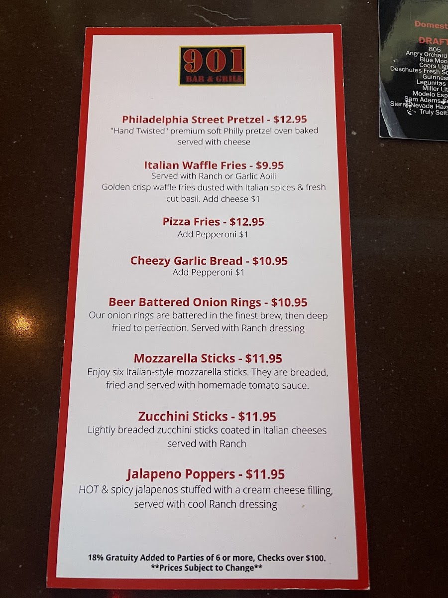 901 Bar and Grill Menu - Image 1